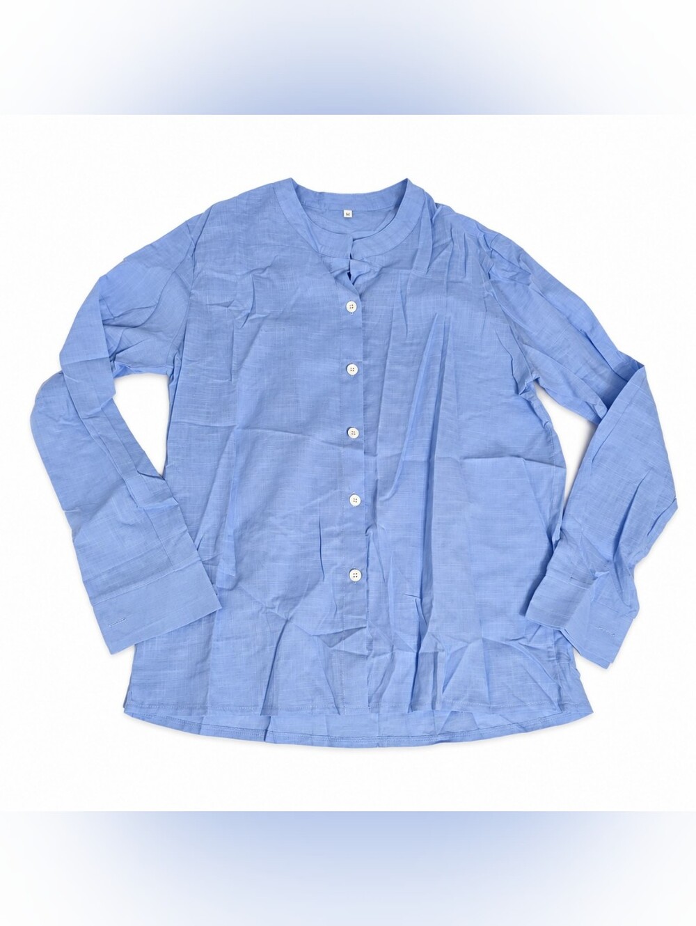 Women’s Light Blue Collarless Button Front Blouse Long Sleeve Size Medium - Picture 2 of 6